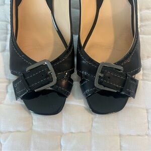 Cole Haan Black Patent Peep-Toe Heels with Decorative Buckle